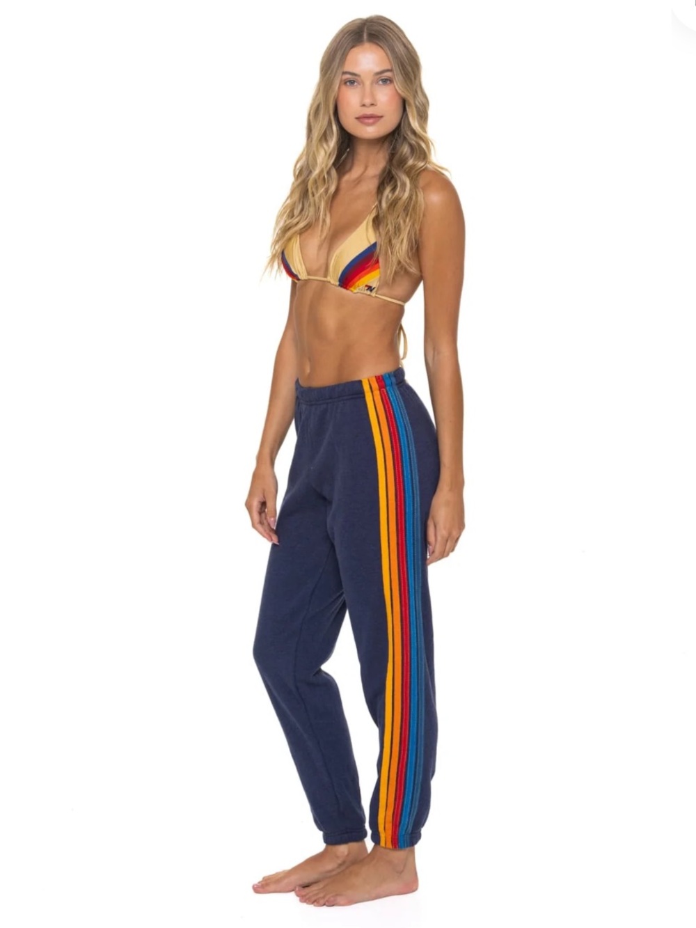 Aviator Nation Navy Joggers with Rainbow 5 Stripe - Sweatpants Lounge - XS